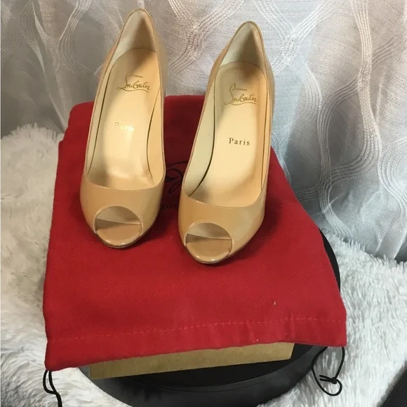 Christian Louboutin Beige Patent Peep-Toe Pumps - Picture 2 of 15